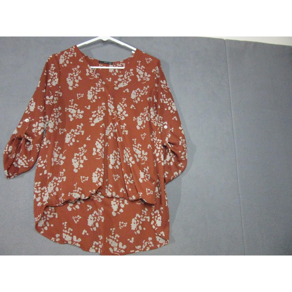 West Kei Blouse Womens Small Orange Floral High Low Tunic 3/4 Roll Tab Sleeves